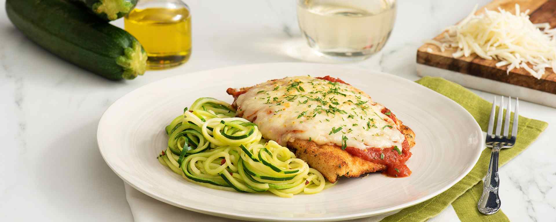 Photo for - Chicken Parmesan with Zucchini Aglio Olio